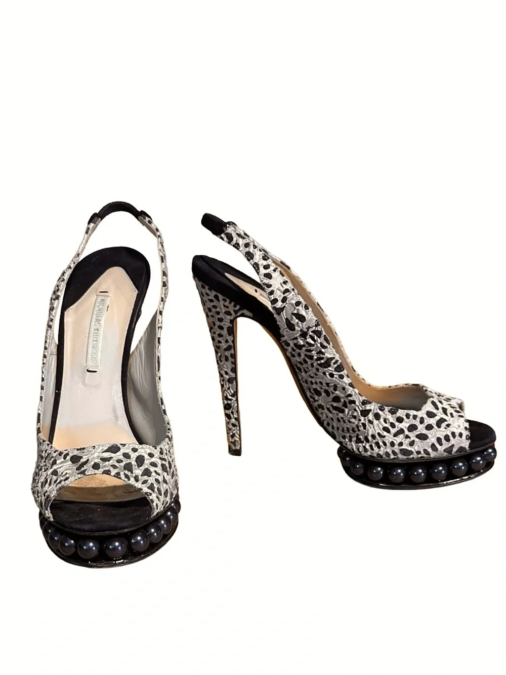 NICHOLAS KIRKWOOD BLACK & TAUPE ANIMAL PRINT SLINGBACK PLATFORM HEELS (36.5)